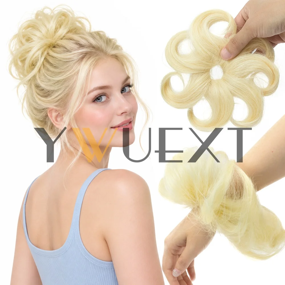 613# Messy Bun Hair Piece Real Tousled Updo Extension Natural HighLight Curly Buns with Elastic Band Hair Piece Ponytail Extensions for Women