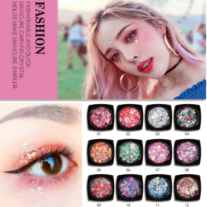 

12 Colors Eyes/Face/Body Make Up Sequins Gel Hexagon/Star/Moon/Butterfly Mermaid Eyeshadow Glitter Gel Music Party Stage Makeup