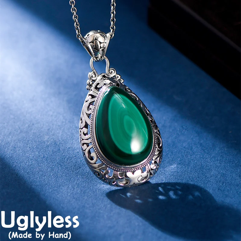 

Uglyless Natural Malachite Exotic Pendants Necklaces Women Vintage Water Drop Gemstones Necklaces Ethnic 925 Silver NO Chains