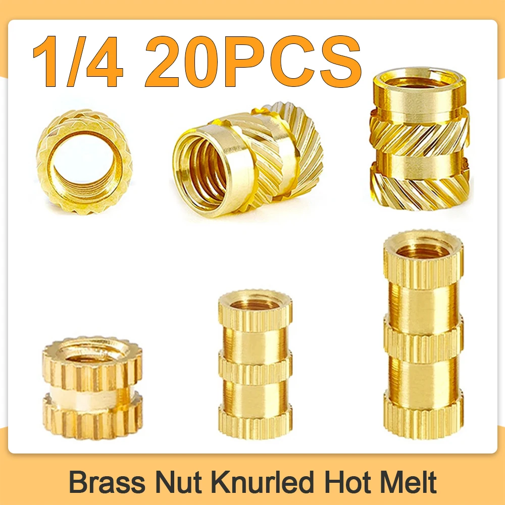 20PCS 1/4 Heat Set Insert Inch Size Threaded Brass Nut Knurled Hot Melt Molding Injection Embedded Copper Nut of 3D Printing