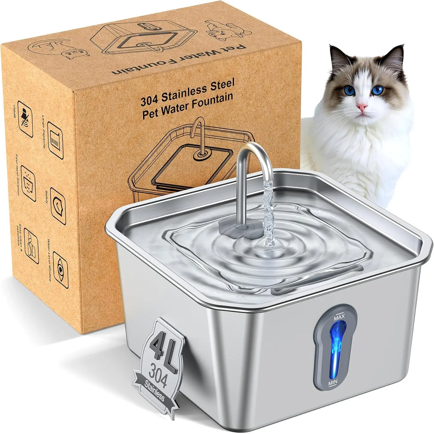 

Stainless Steel Cat Water Fountain, 4L/135oz Automatic Circulating Pet Water Dispenser, Quiet Cat Water Bowl Fountain (Silver) f