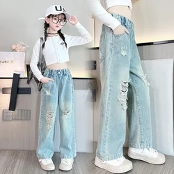 Girls Jeans Pants Big Hole Kids Jeans For Girls Casual Style Kids Ripped Jeans Spring Autumn Children Clothes 6 8 10 12 14Y y2k