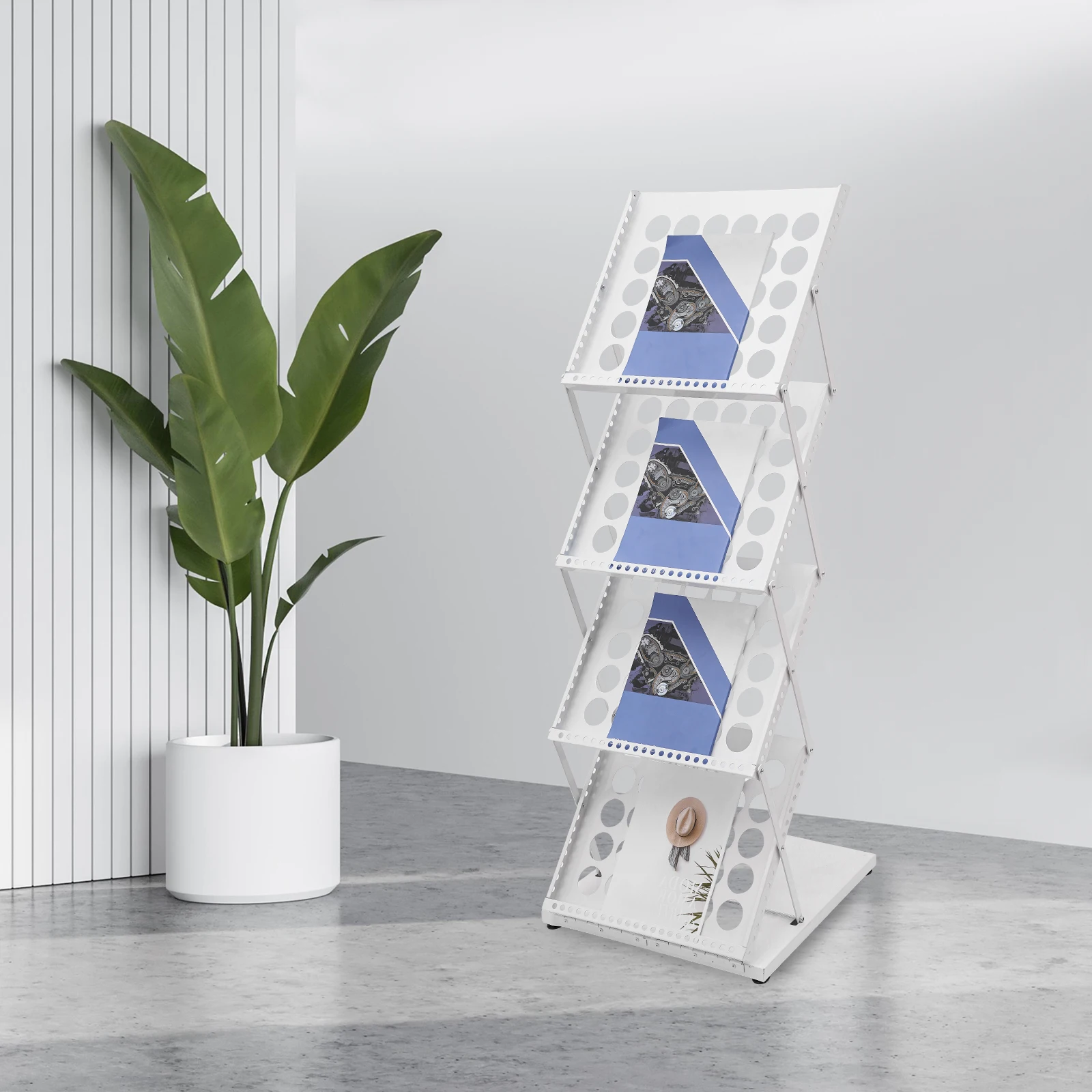 4-Tier Foldable A3 Magazine Stand Brochure Display Rack Portable Easy to Store Magazine Holder for Exhibition Home Library