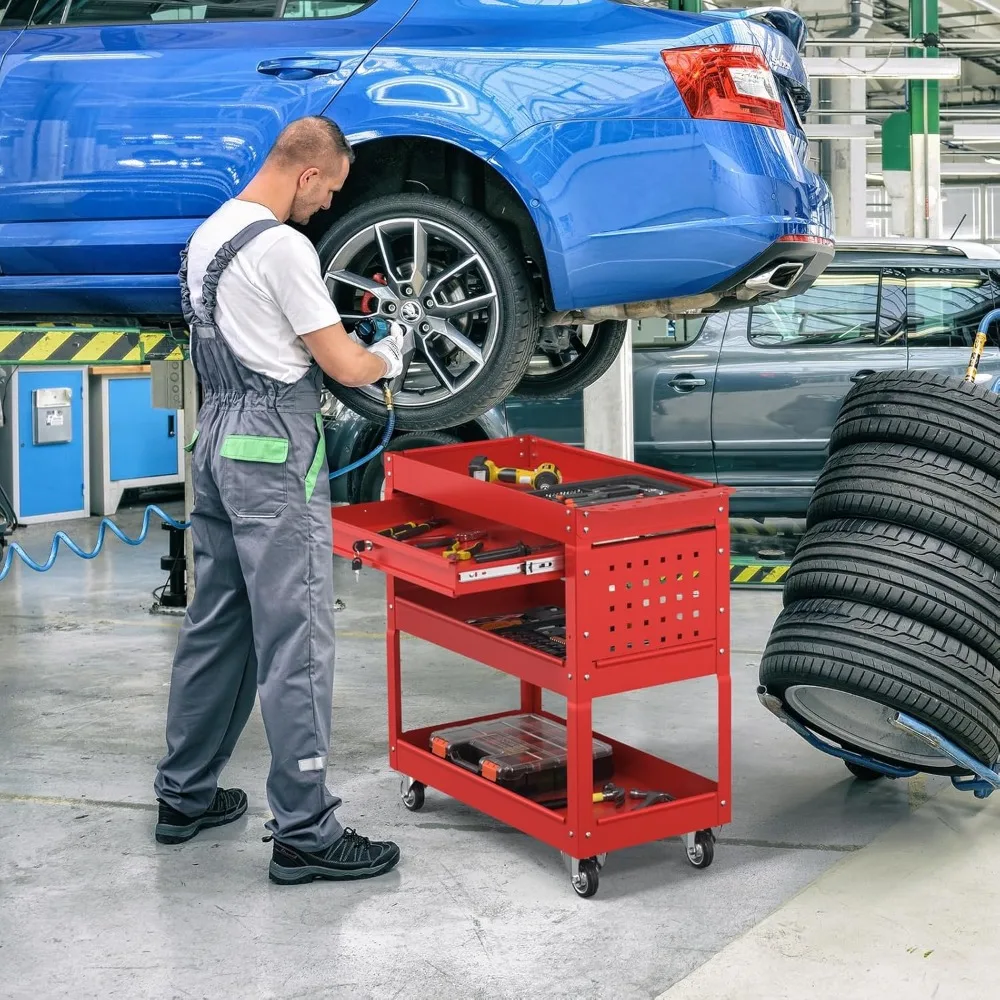 頑丈な3段式ローリングツールカート（引き出し付き）、耐荷重550ポンド、メカニックツール用のペグボードとフック付きユーティリティカート