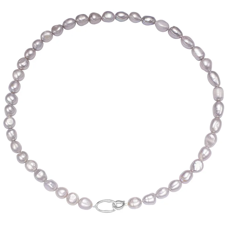 

New S925 Silver Baroque Pearl Necklace with Double Ring Grey Beads, Ancient Style Clavicle Chain, Women's Wedding Jewelry