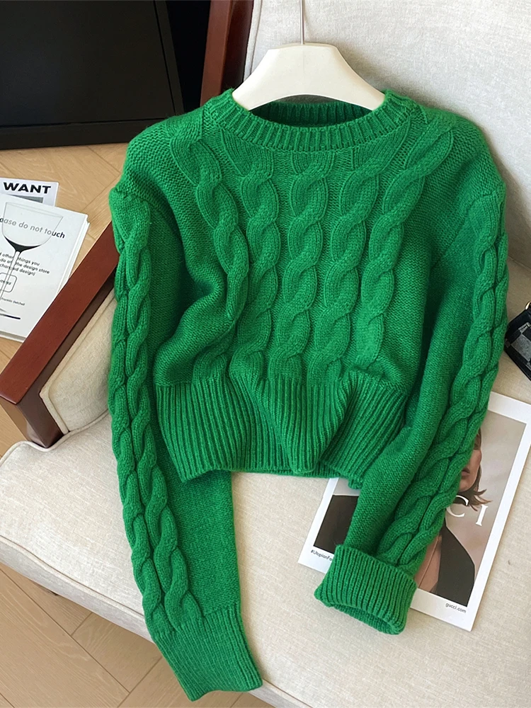 Women Green Pullover Sweater Harajuku Korean Y2k Long Sleeves O-Neck Cashmere Sweaters Jumper Vintage 2000s Clothes 2024 Autumn