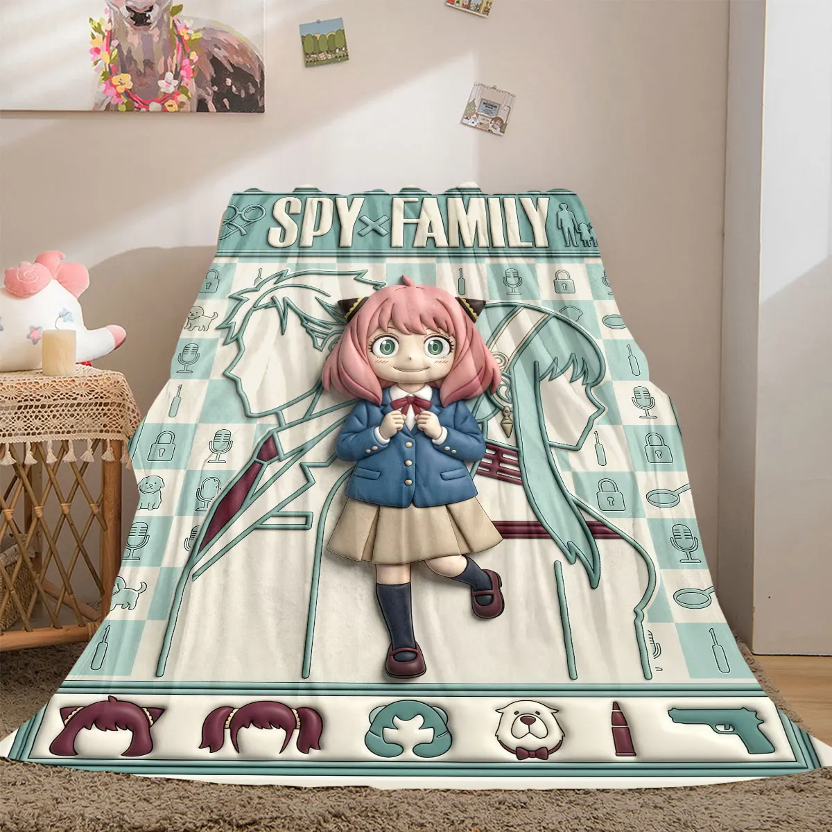 SpyxFamily Flanelldecke mit lebendigem 2D-Druck, Bettwäsche mit Cartoon-Charakteren, warme Heimdekoration, Reise-Picknickdecke_LIAN