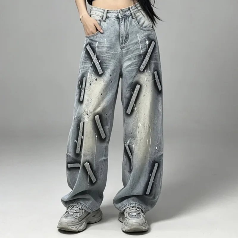 ANJY Spring Autumn New Women American Style Retro Distressed Graffiti Jeans Stylish Ins Loose Casual Wide-Leg Denim Pants A24835