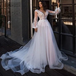 2022 Hot Boho Wedding Dresses Puff Long Sleeves Sheer Lace Scoop Neck A-Line Appliques Floor Length Bride Dress Princess Wedding