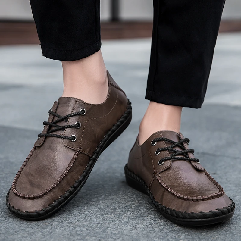 STRONGSHEN Men Casual Leather Shoes Brand Breathable British Mens Sneakers Fashion Lace Up Soft Flats Driving Shoes Peas Shoes