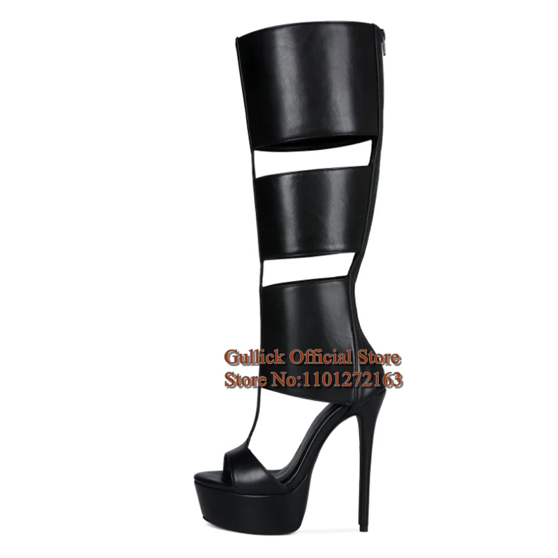 Roma Style Peep Toe Knee High Boots Black Matte Leather T Straps Hollow Platform Heels Women Gladiator Heels Bootie