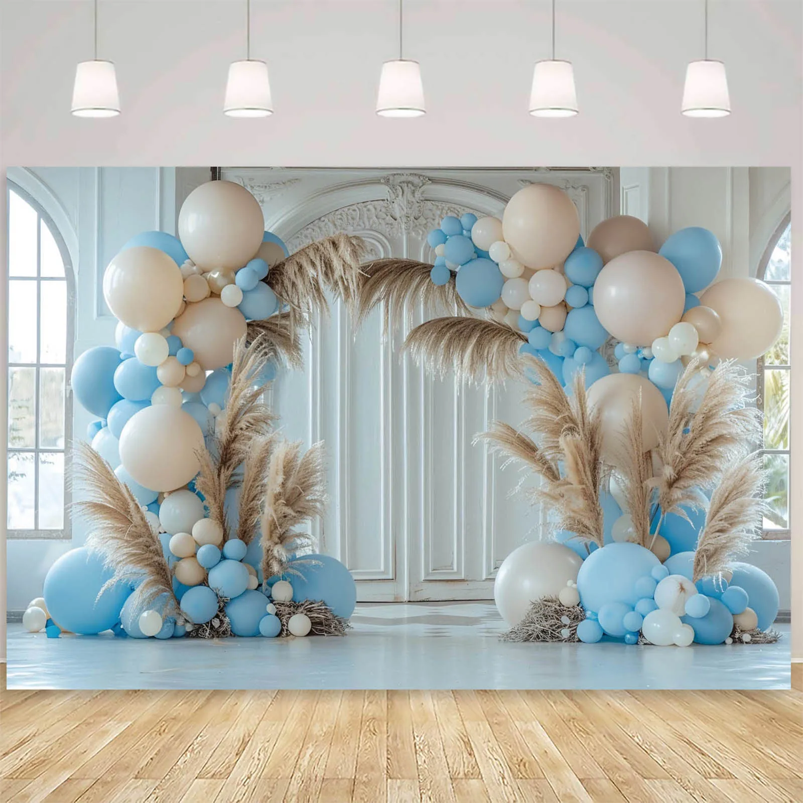 Blue Cream Balloons Bohemian Photography Backdrop Boy Birthday Baby Shower Party Decor Banner Kids Cake Smash Background Props