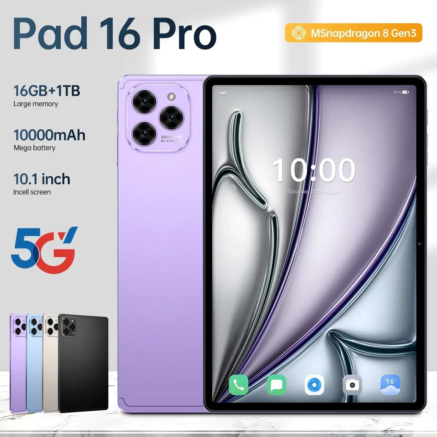 

Оригинальный планшет 16 Pro 2025 года, 10,1 дюйма, Android 14 Global Snapdragon870, 10 ядер, 16 ГБ + 1024 ГБ, 10000 мАч, 5G, двойная SIM-карта, WIFI