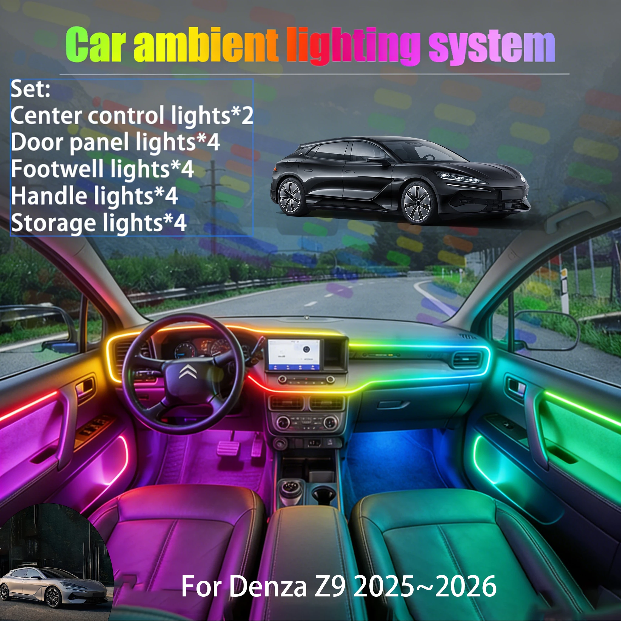 

For Denza Z9 2025~2026 2/18 in 1 Car ambient lighting Led trunk interior led lights USB RGB Ensemble Streamer Auto Parts