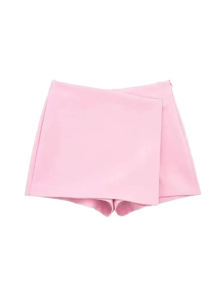 Women Fashion Asymmetric Pareo Style Self Overlay Shorts Skirts Vintage High Waist Side Zipper Female Skort Mujer