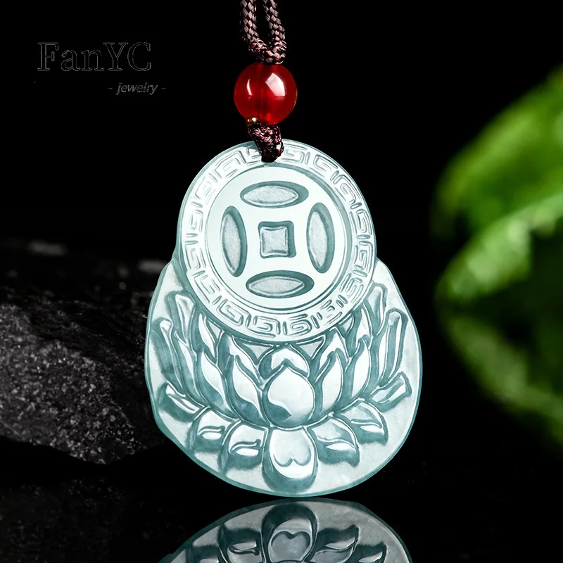 Natural Jadeite Blue Water God of Fortune Pendant Hand-carved Fashion Luxury Ice Jade Necklace Men & Women Mascots Holiday Gift