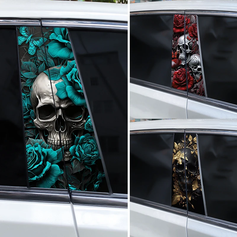 2 uds calavera rosa coche Pilar B calcomanía vinilo impermeable pegatina que cubre pegatina de coche rayada DIY pegatina de Pilar de puerta de coche