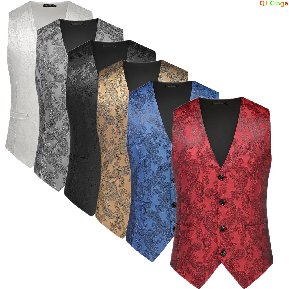Asian-Sized Men's Suit Vests, Cashew-Patterned Sleeveless V-neck Vest Jacket, Suitable for Weddings/Parties/Stage Performances.