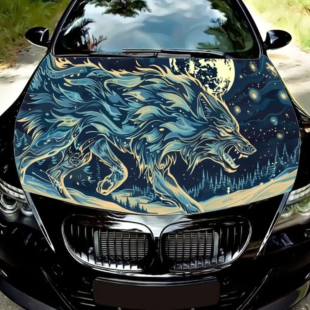 

Running and Roaring Starry Wolf Car Hood Wrap Color Vinyl Sticker Truck Graphic Bonnet Auto Accessories Decoration Decal Gift