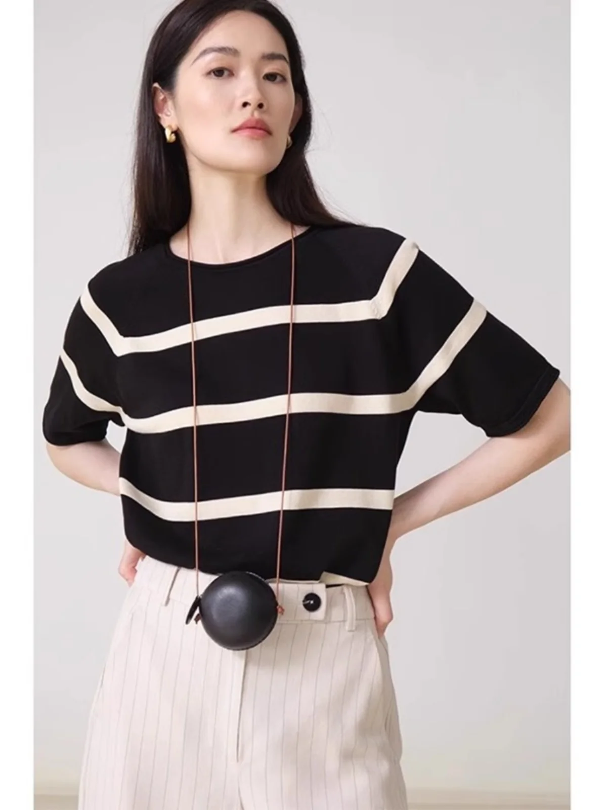 2026 New Fashionable Knitted Stripe T-Shirt round Neck Short Sleeve Women's Top Casual Summer Versatile Ladies' Shirt