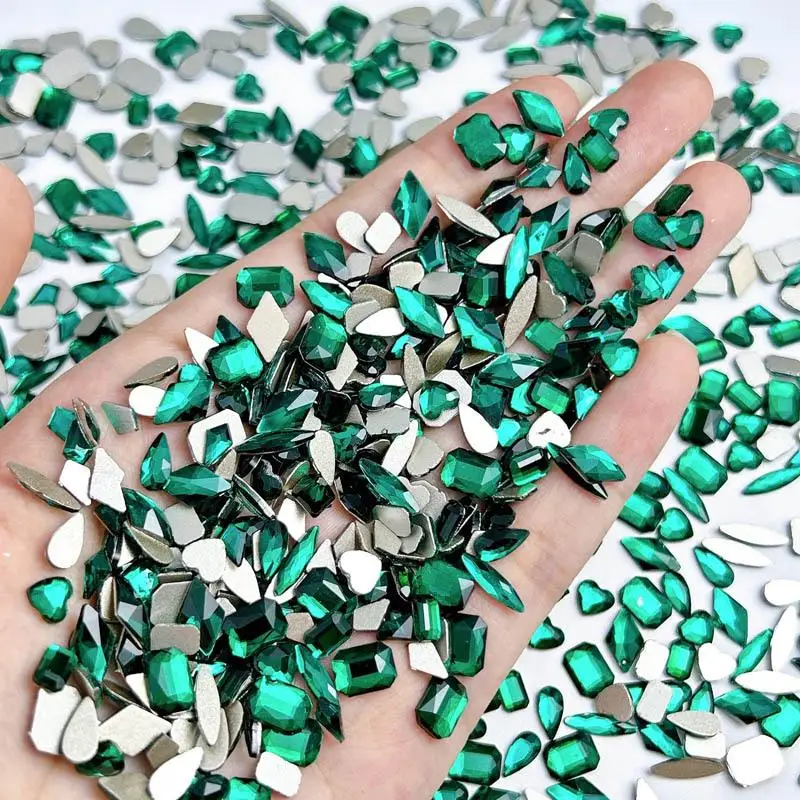 

50PCS Mini Heart Square Nail Rhinestones Charms Multiple Shapes Dark Green Flatback Nail Crystal Decorations Handmade DIY Nails