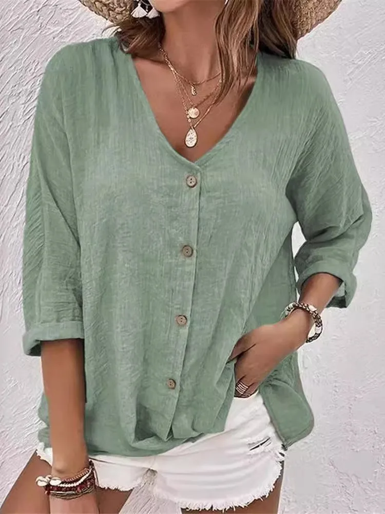 Pulôver feminino sexy com decote em v, camisa solta de manga curta, blusa casual de peito único, nova para primavera e verão