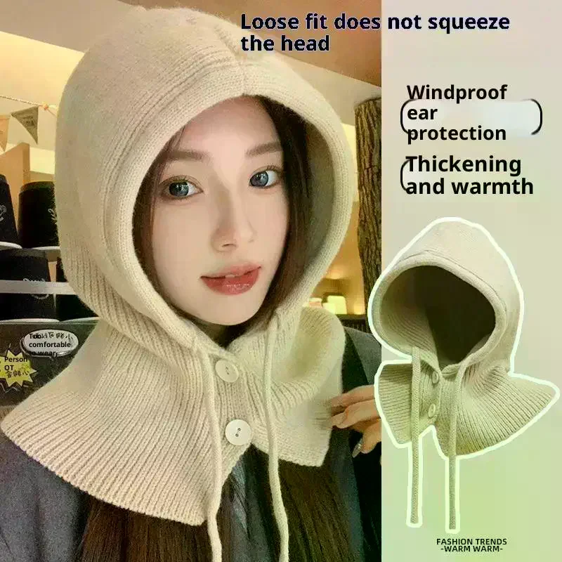 Winter Balaclava Hat Warm Knitted Women's Hood Hat Solid Color One-piece Neck Pullover Cap Outdoor Cashmere Caps