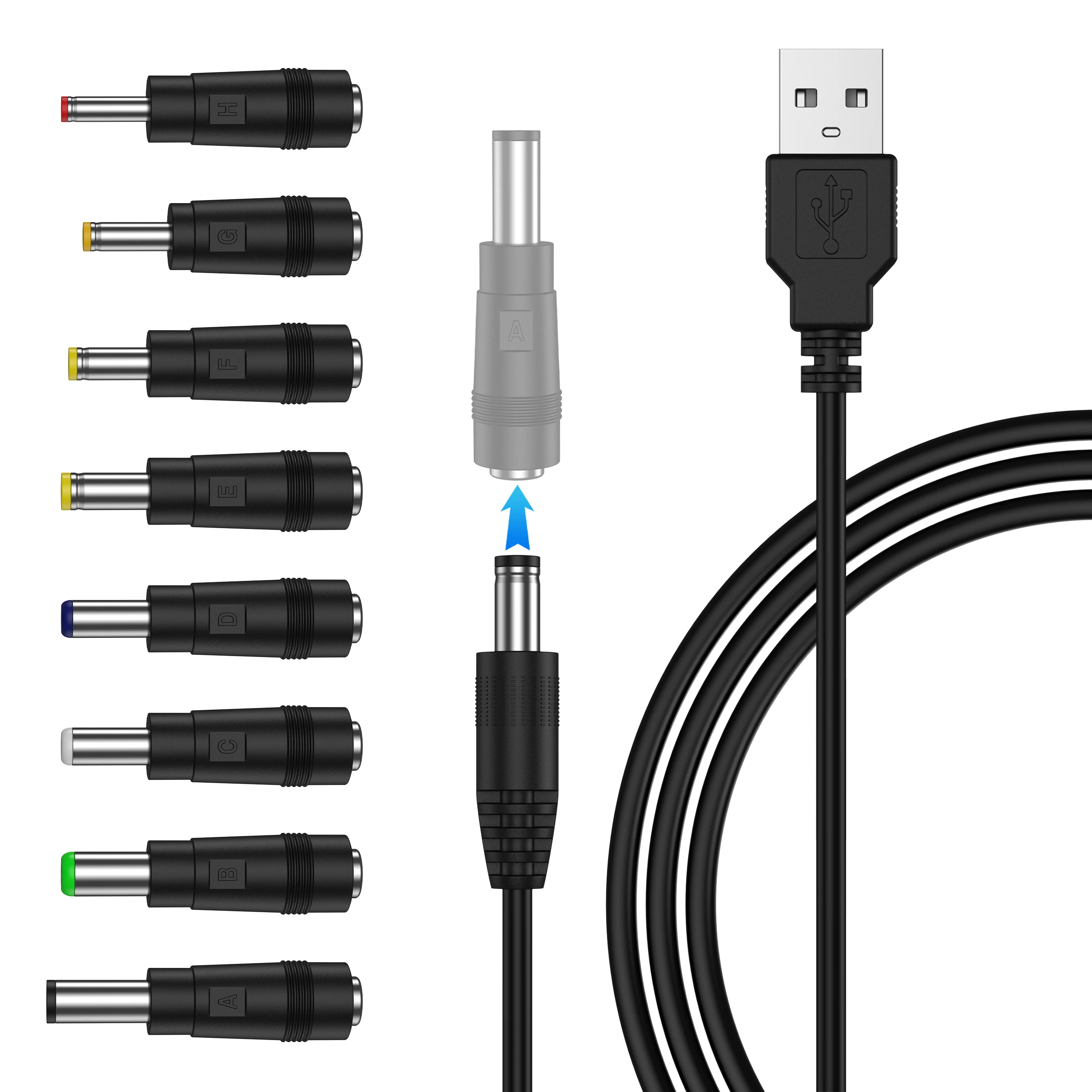 Universal Power Cable USB to DC 5.5 * 2.1mm Jack 5V Charging Cord with 8/5 Selectable Connector Tips for CCTV Cameras TV Box