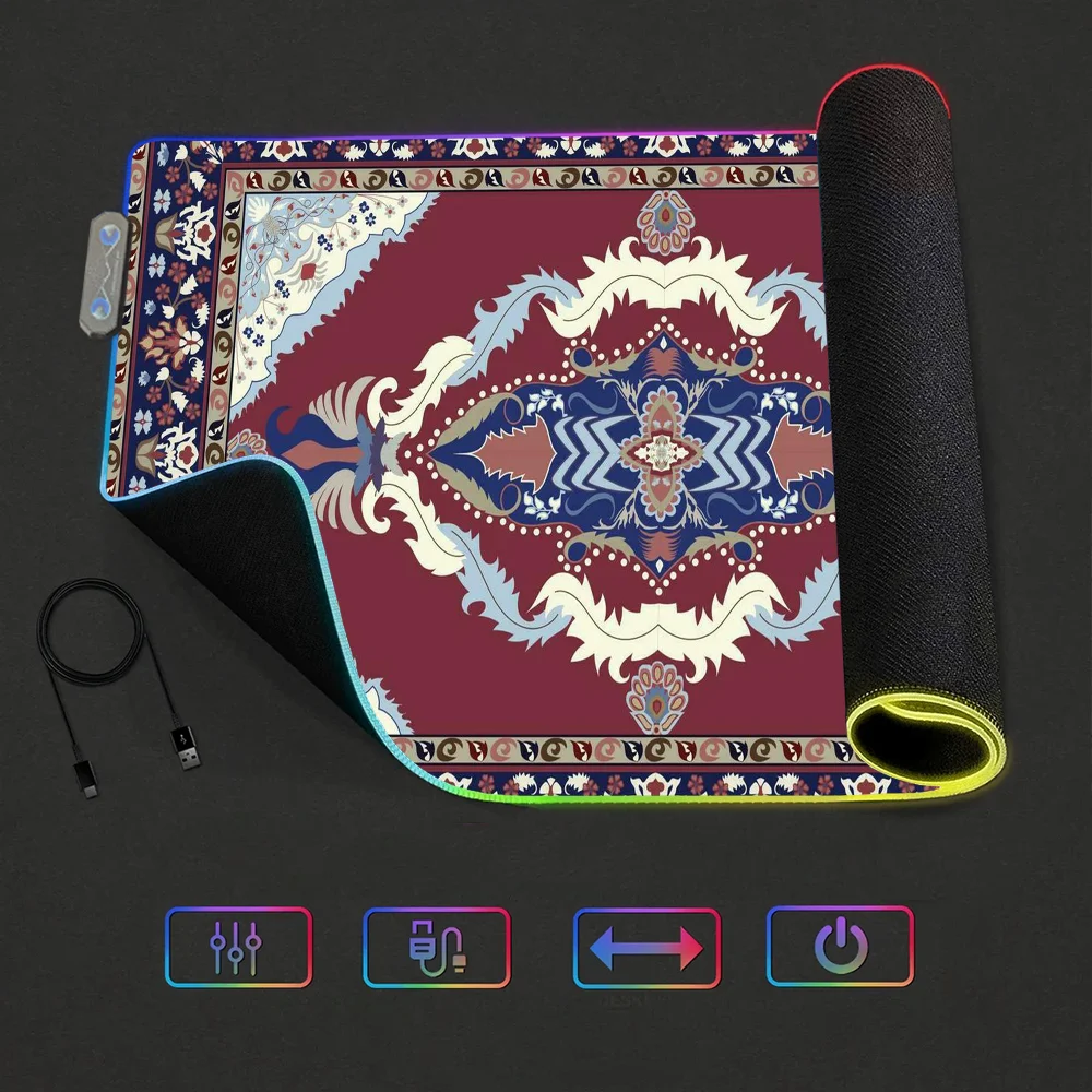 Persian Carpet Floral Pattern S Mouse Pad RGB LED Light Non-Slip Rubber Base Waterproof Office PC Home Best Price Desk-Mat USB L
