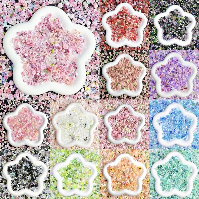 

50pcs Random Mixed Rose Flower Nail Charms Resin Bow Butterfly Mini Pearl Nail Art Decorations DIY Nail Accessories Crafts