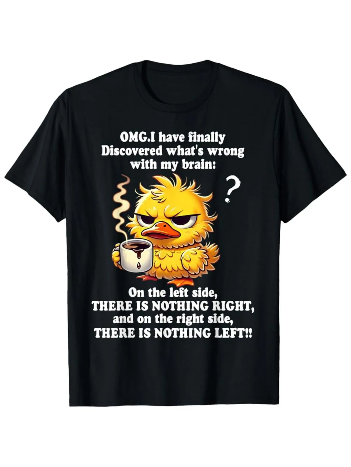 Fun satire Office coffee T-shirt, Chicken and duckling Worry design - black cotton short-sleeved T-shirt