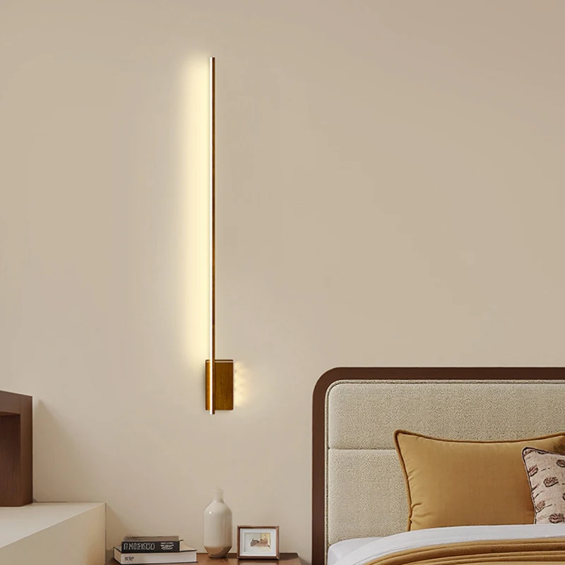 Middle Ancient Style Retro Walnut Wood Grain Long Strip Wall Lamp Sofa Decoration Grille Bedroom Headboard Background Wall Light