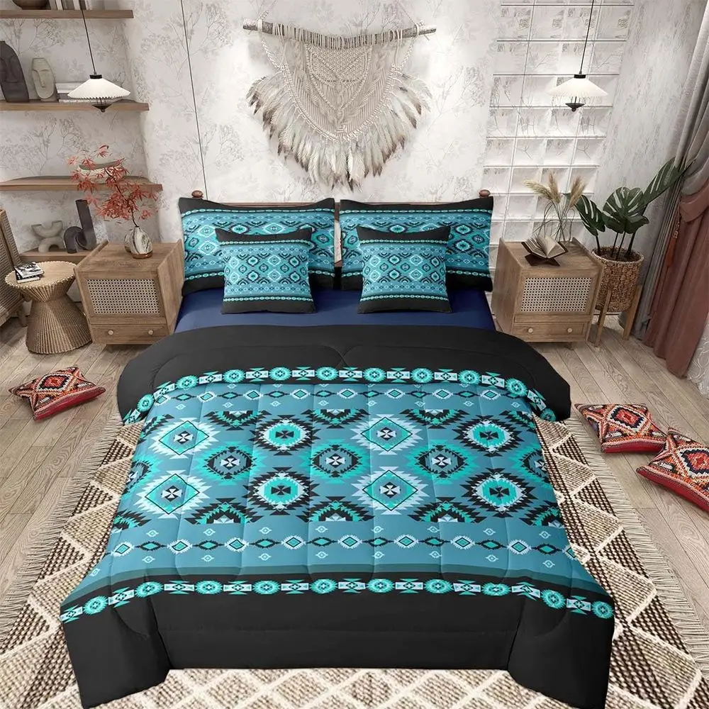 

7-Piece Southwestern Aztec Comforter Set in Queen Size for Native American Tribal Themed Bedrooms and Kids' Rooms