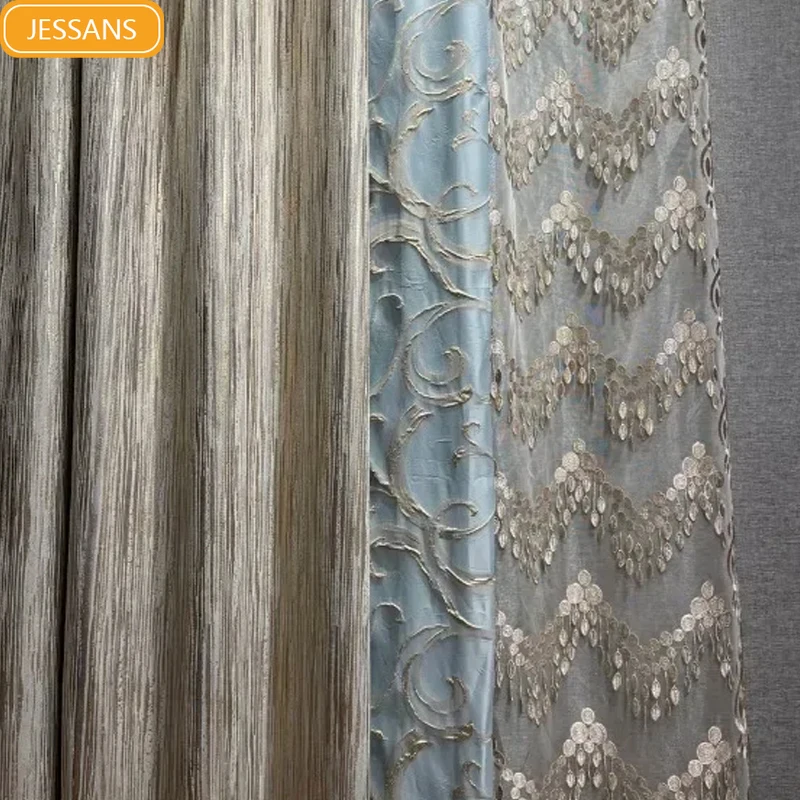 

Vertical Strip Jacquard Splicing Thickened Blackout Curtains for Living Room Bedroom French Window Balcony Villa Customized