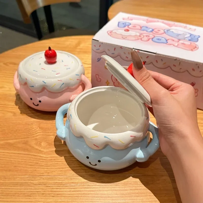 Jelly Cat Cherry Cake Ceramic Bowl Ear Bowl Cute Smiling Face Instant Noodles Bowl Couple Tableware Valentine'S Day Gift