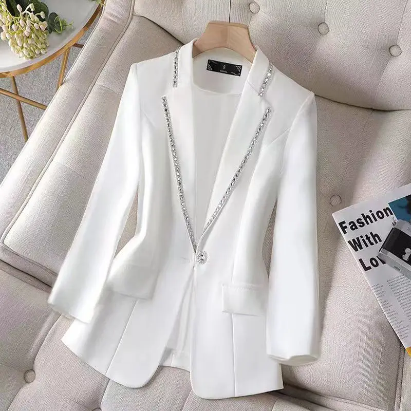 

Rhinestone White Coat Long Casual Blazers Korean Jacket For Women Luxury Women's Clothing High Quality Clearance 2024 Blazer