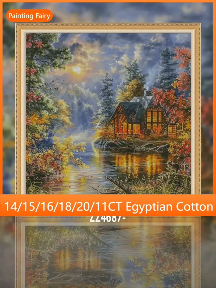 [ZZ4687-Autumn Color by the Lake] DIY Cross Stitch Needlework Kit 14CT 16CT, Hand Stitching, Cotton Embroidery Threads