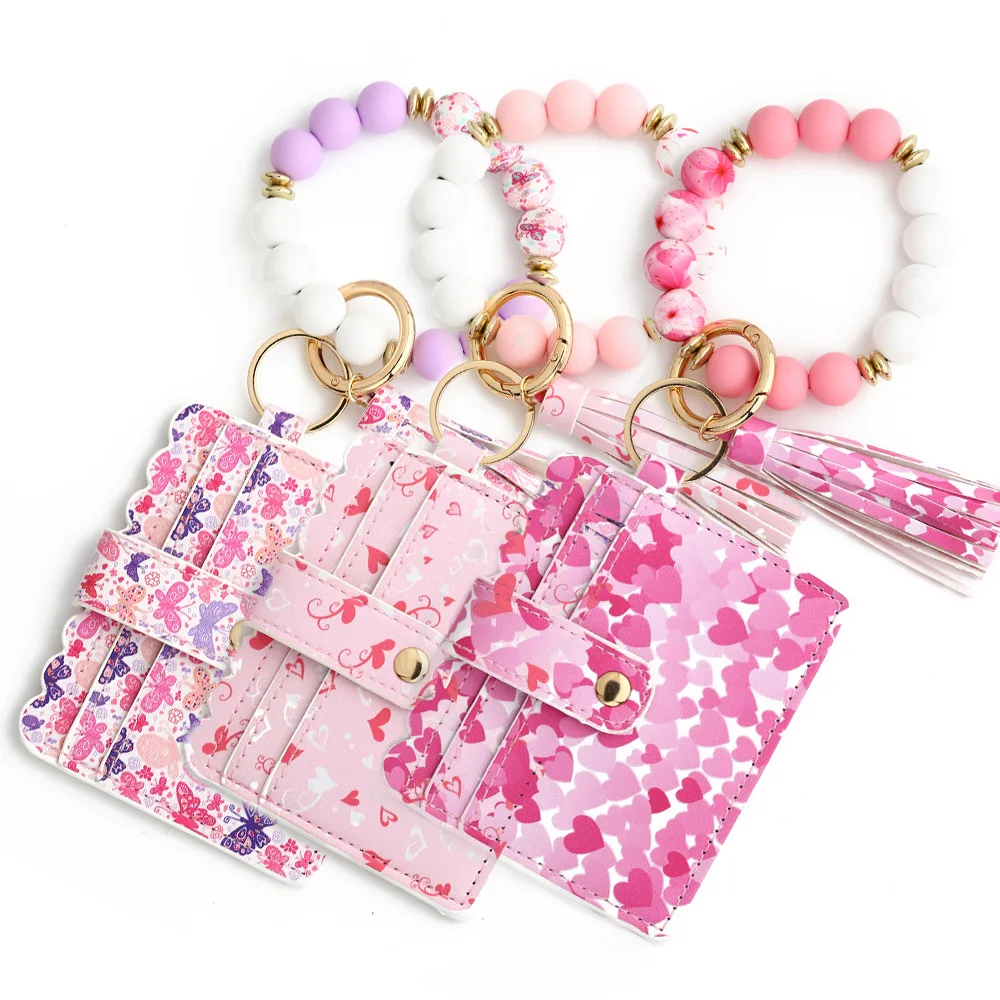 Fashion Heart Shape PU Leather Beaded Bags Women Pink Bracelets Card Holder Valentine's Day Wristband Card Case with Key Chain