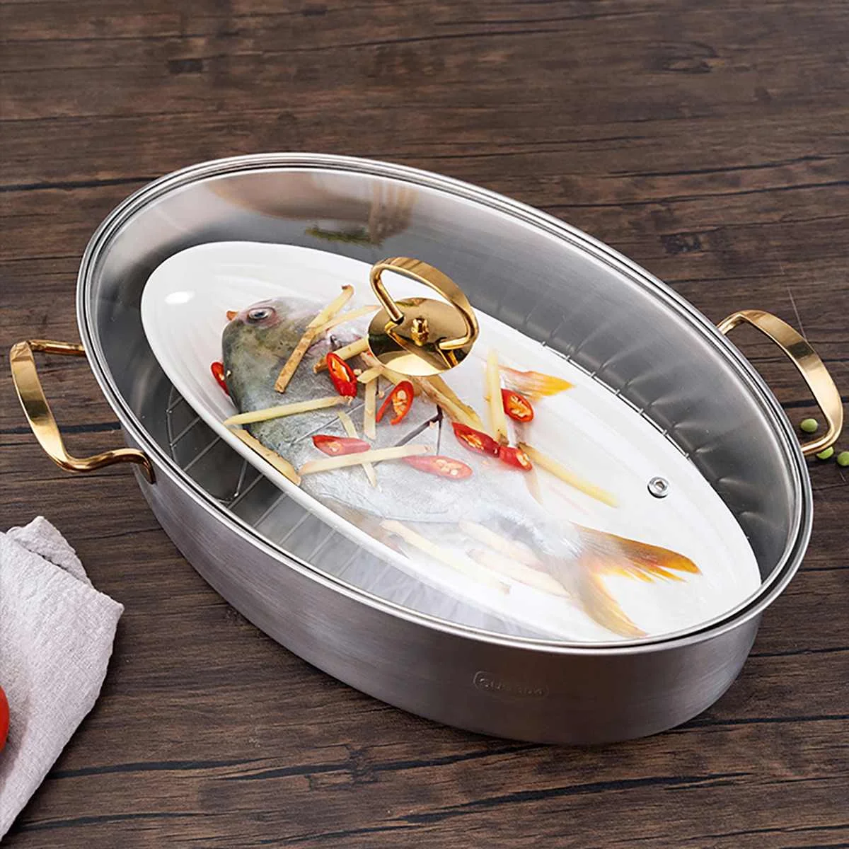 الفولاذ المقاوم للصدأ باخرة السمك متعددة الاستخدام البيضاوي تحميص تجهيزات المطابخ Hotpot مع رف السيراميك عموم تشاك وعاء باستا ستوكبوت Steame وعاء