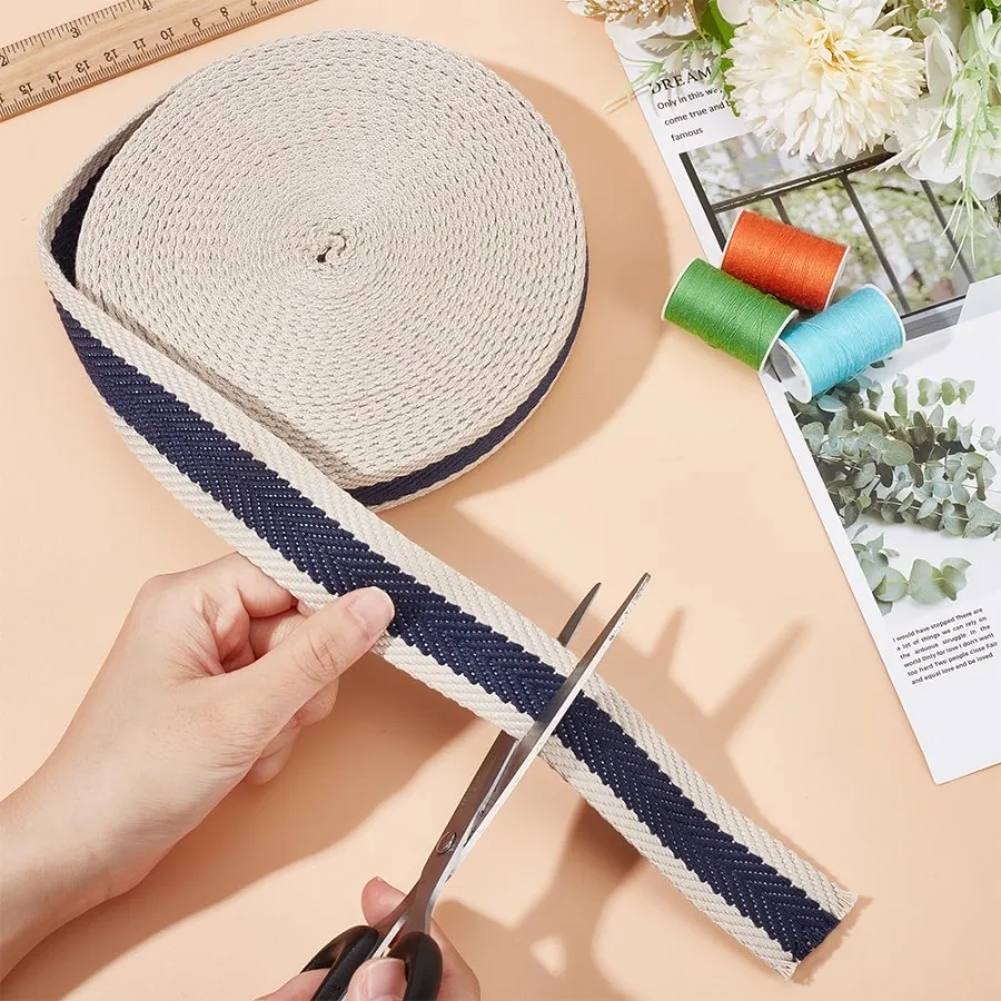10 jardas de poliéster algodão listrado webbing 1.25 ihes largura meia-noite tecido azul webbing guarnição plana poliéster algodão webbing para ba
