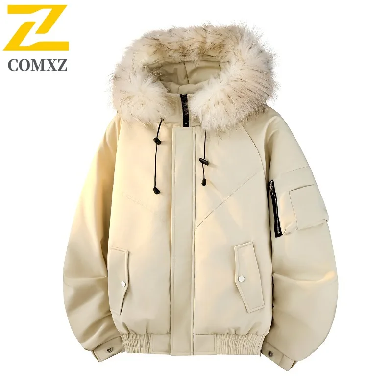 COMXZ Men Down Jacket High Quality Hooded Outdoor Mountaineering Thickened Warm Parka Solid Color Comfort Winter Down Coats