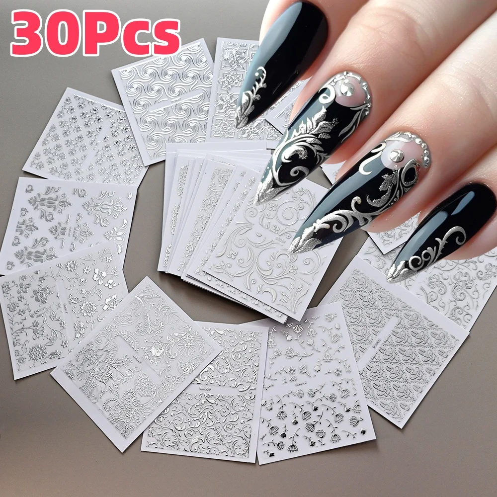 30 Stück Vintage Silber Spitze Blume Nagelaufkleber 5,2 * 6,2 cm Sexy Retro Floral Transfer Sliders Luxus Hochzeit/Dating Maniküre Aufkleber
