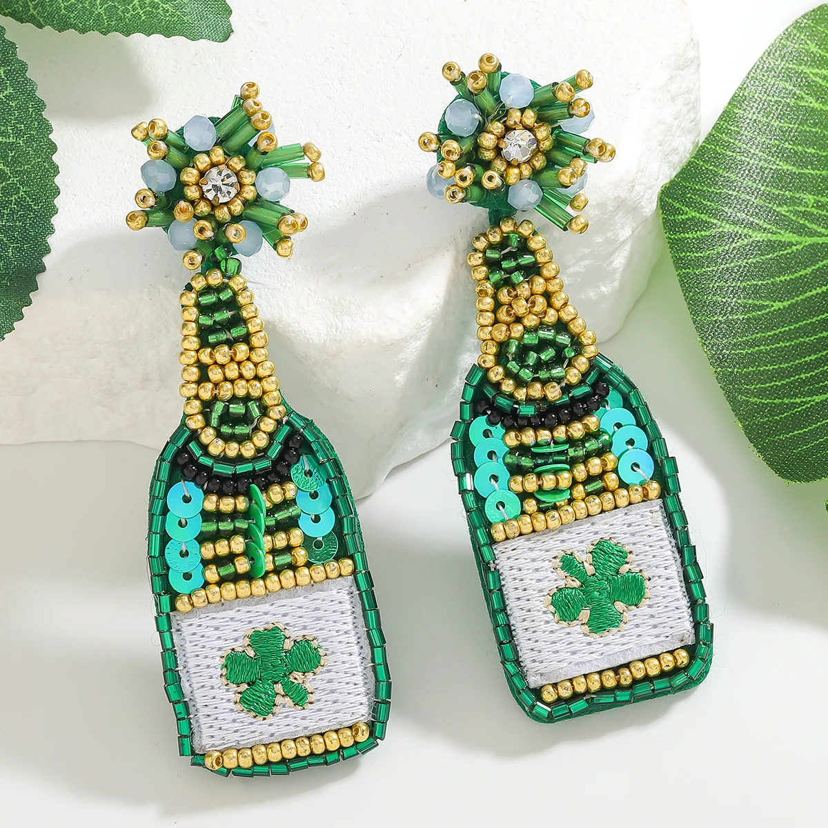 St. Patricks Day Handmade Beaded Rhinestone Green Lucky Clover Wine Bottle Dangle Earring For Women Statement Holiday Decoration