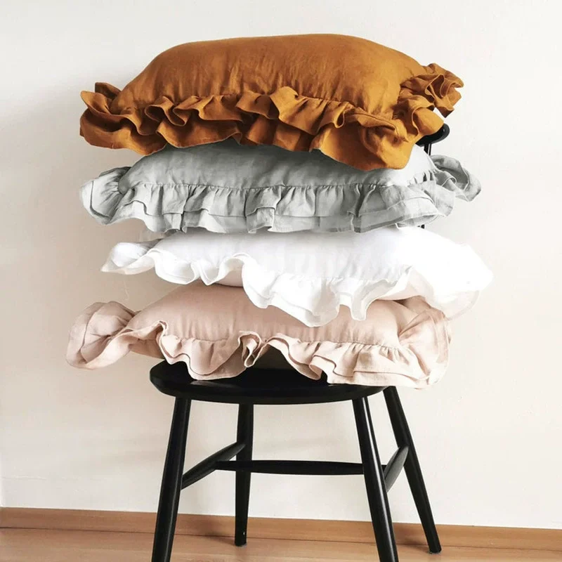 100% French Linen Pillowcase Double Ruffled Edge Soft Breathable Pillow Cover Elegant Bedding Decor 48x74cm (1pc No Insert)