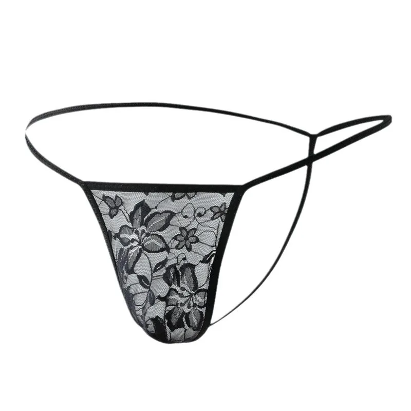 Men's Sheer Lace G-String Underwear, Low Waist T-Back Thong Briefs, Transparent Mesh Erotic Lingerie For Men, Black