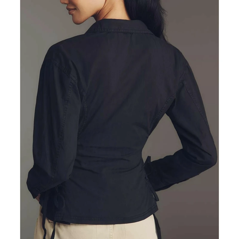 Combhasaki 女性クリーンフィットエレガントスリムフィットシャツボタンダウンラペル襟付きディープ V ネックトップスプリーツウエスト長袖ブラウス