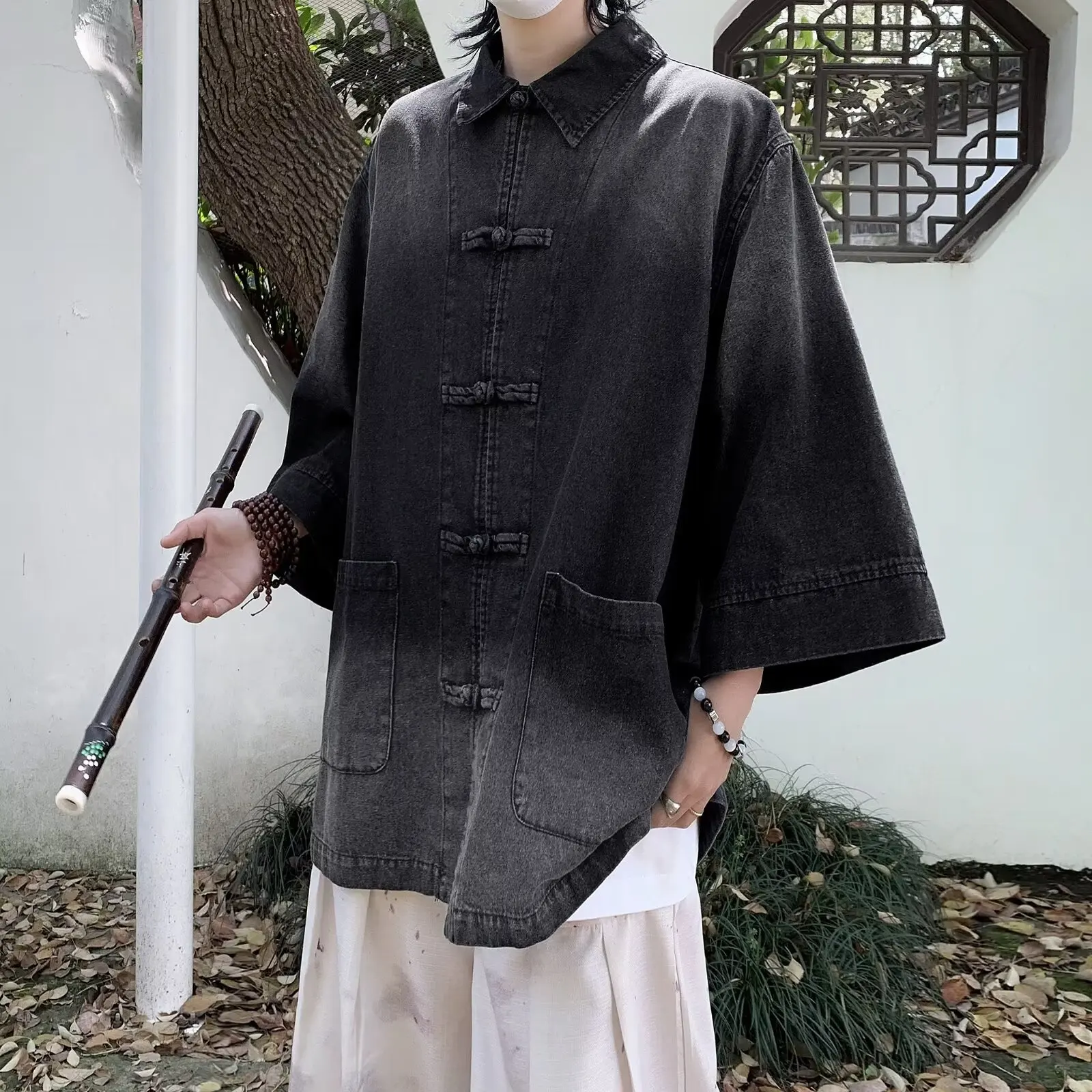 

Summer Large Size Men's Vintage Chinese Style Washed Denim Shirt Jacket Button up Long Sleeve Casual Outerwear Polyester