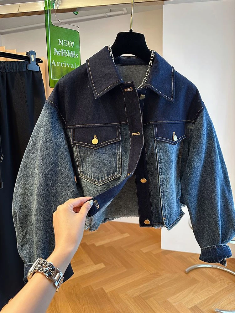 Contrast Color Denim Patchwork Jackets Women Clothing Fashion Pocket Outwear 2024 Ropa Mujer All Match Casual Korean Y2k Coat