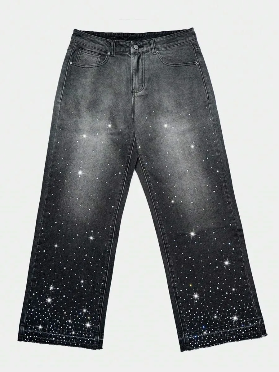 Men's Black Gradient Rhinestone Jeans European American Casual Fashion Street Style Autumn Shiny Straight Leg Denim Pants