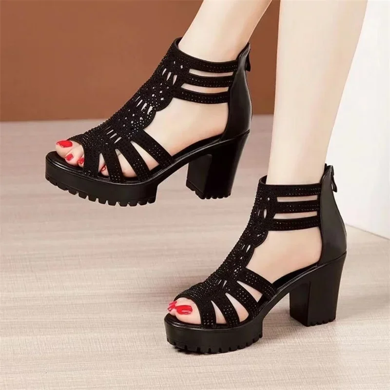 Summer Women\'s High Heel Shoes Rome Women\'s Peep Toe Platform Chunky Heel Gladiator Sandals Outdoor Zip Dress Party Heeled Shoes